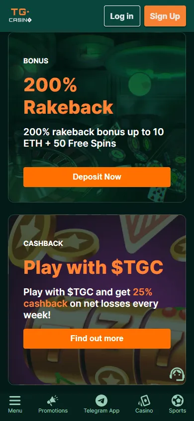TG.Casino mobile games area with slots, table games and live casino options