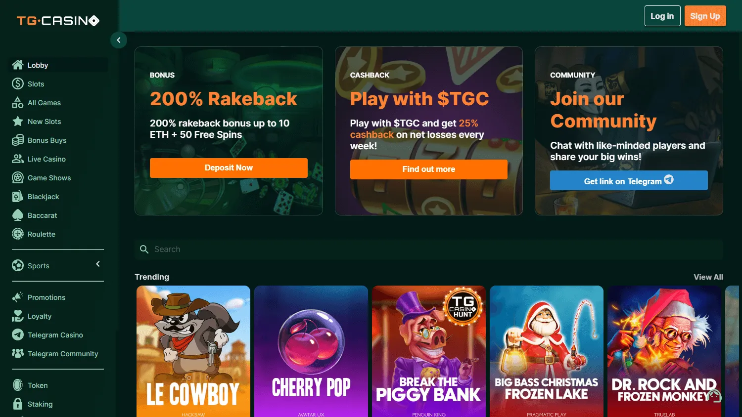 TG.Casino desktop games area with slots, table games and live casino options