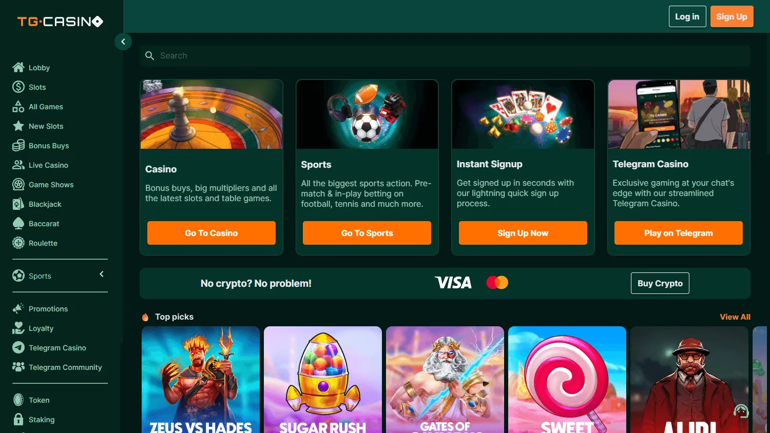 TG.Casino desktop home with the welcome offer and crypto casino access