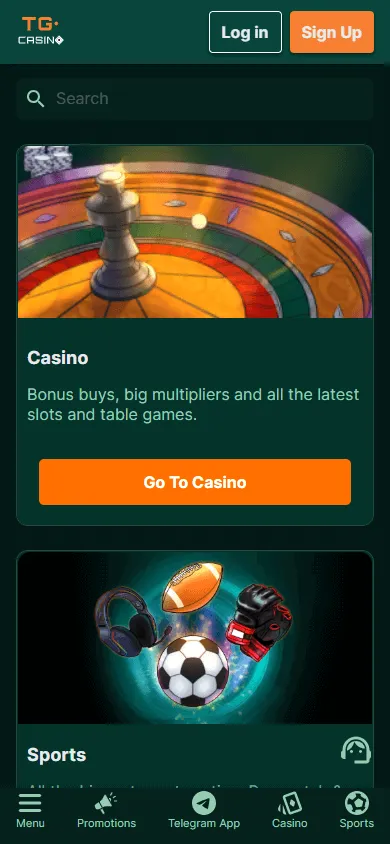 TG.Casino mobile browser home with the welcome offer and crypto casino access
