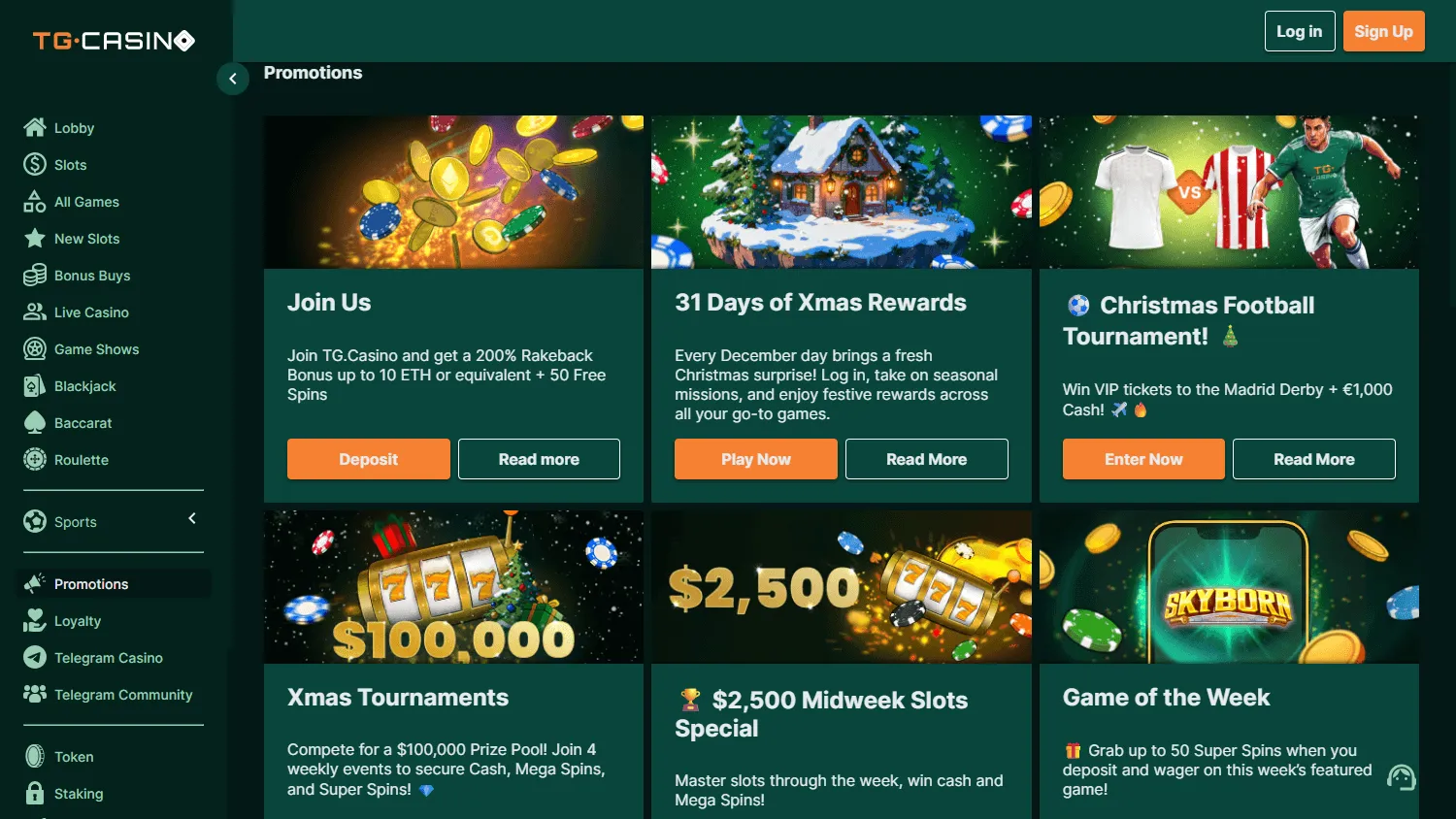 TG.Casino desktop promotions area showing the 200% welcome bonus and free spins