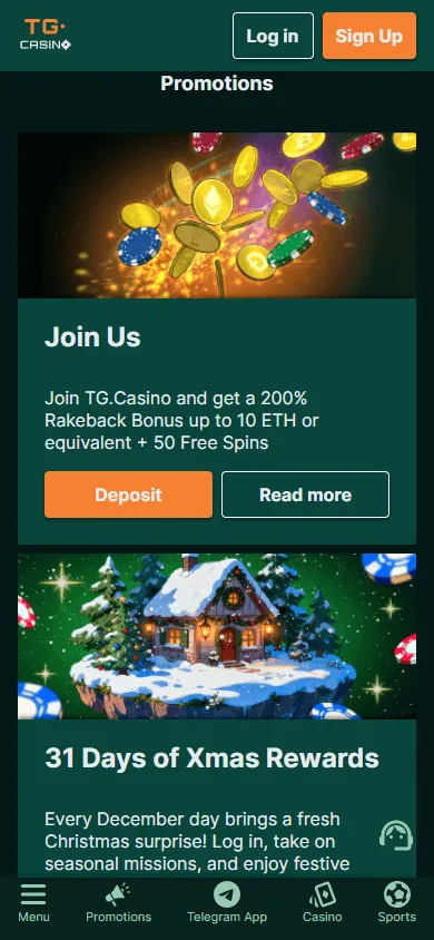 TG.Casino mobile promotions area showing the 200% welcome bonus and free spins